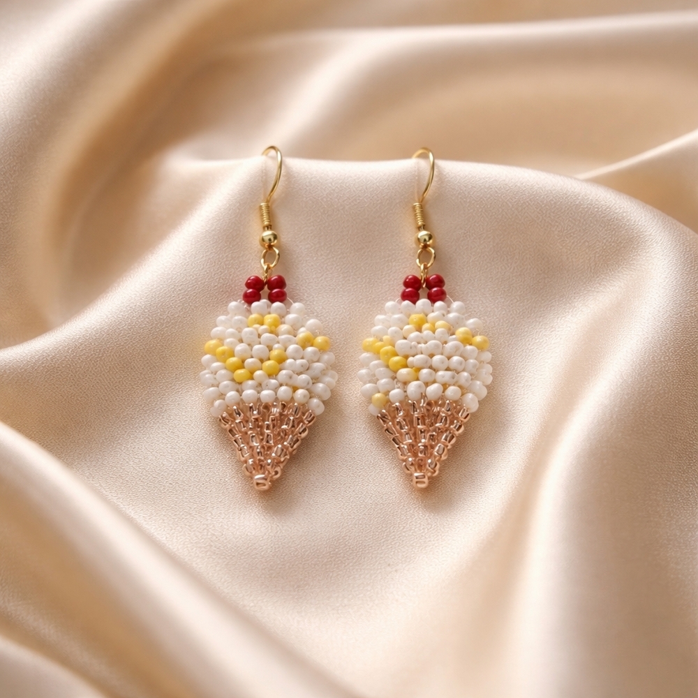 Vanilla Ice Cream Cone Seed Bead Earrings, Yellow Sprinkle Dangle Earrings, Cute